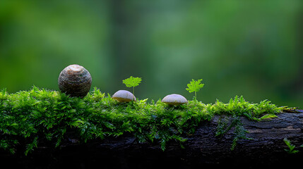 Close Up Of Green Moss With Tiny Mushrooms On Wooden Branch Against Blurred Green Forest Background