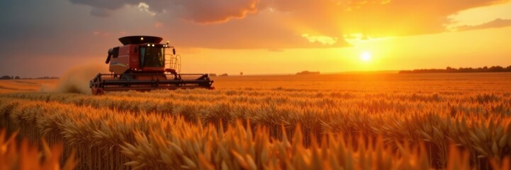 Farmers harvesting wheat in a field at sunset, agriculture, sunset
