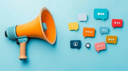 Creative Megaphone with Colorful Speech Bubbles for Effective Minimalist Communication in Marketing and Advertising Concepts