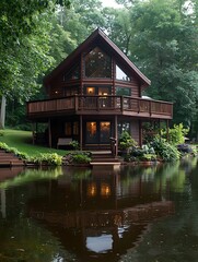 Obraz premium Log Cabin on Pond