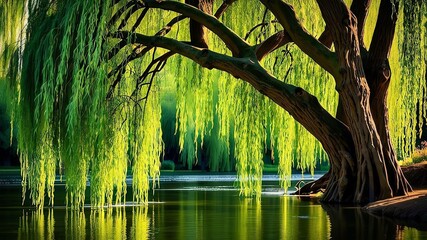 Fototapeta premium Weeping willow branches, adorned with fresh green leaves, gracefully hang over a tranquil lake on a sunny day, creating a serene and picturesque nature scene filled with beauty