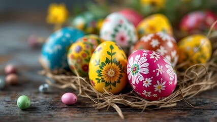 Fototapeta premium Hand-painted easter eggs featuring intricate floral designs resting in a straw nest on a weathered wooden table, surrounded by colorful candy eggs and blurred spring flowers