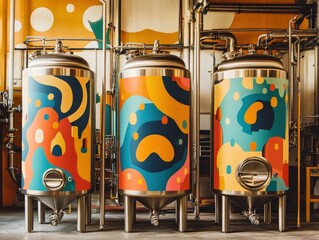 A craft brewery branding package with industrial-style graphics and bold color palettes,