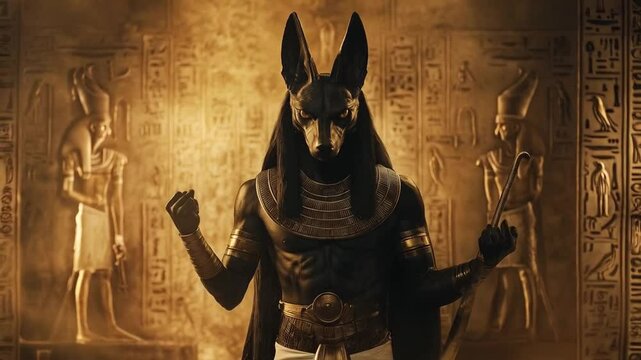A man in gold and black costume with a dog's head and a cane. Smooth repeating motion for background video animation.