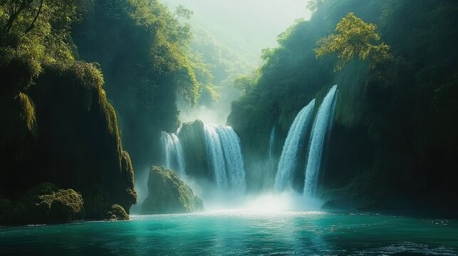 Tamul Waterfall. Crystal Clear Blue Paradise Waters in Huasteca Potosina, Mexico