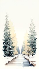 Obraz premium Winter forest road with snow-covered pine trees creating a serene landscape, perfect for Christmas and New Year's themes