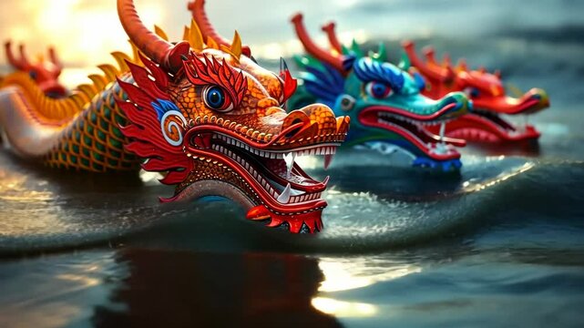 Colorful dragon boats racing for National Dragon Boat Festival, August 15th, competitive spirit, cultural tradition, vibrant scene