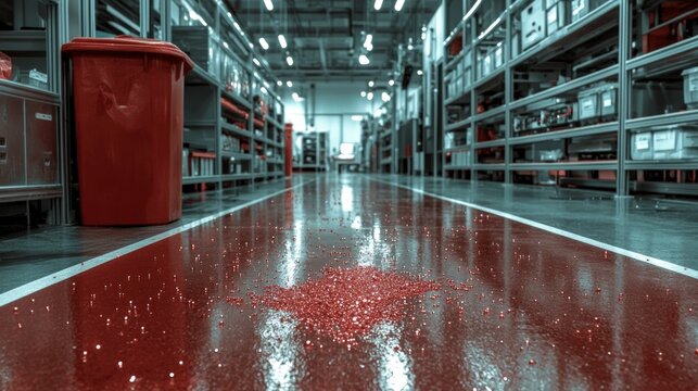 Sleek Factory Floor  Red Spill  Industrial Setting  Manufacturing  Technology  IoT
