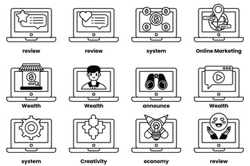 Set of illustrations in the concept of laptops and things in line art style