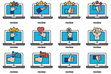 Set of illustrations in the concept of laptops and things in line art style