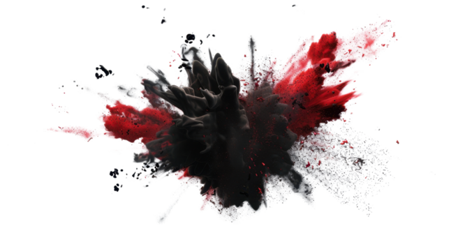 Red and black ink exploding on transparent background