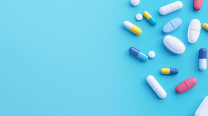 Scattered colorful pills on bright blue background with copy space for pharmaceutical ads, healthcare websites, and medical product packaging designs