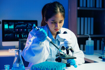 Asian scientist using micropipette and microscope doing scientific experiment in laboratory