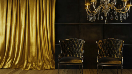 Luxurious black and gold interior with velvet chairs and chandelier for upscale branding, hotel marketing, and elegant event promotion designs