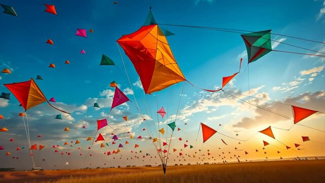 Colorful kites in the sky for National Kite Flying Day, August 15th, clear blue sky, joyful patterns, summer breeze