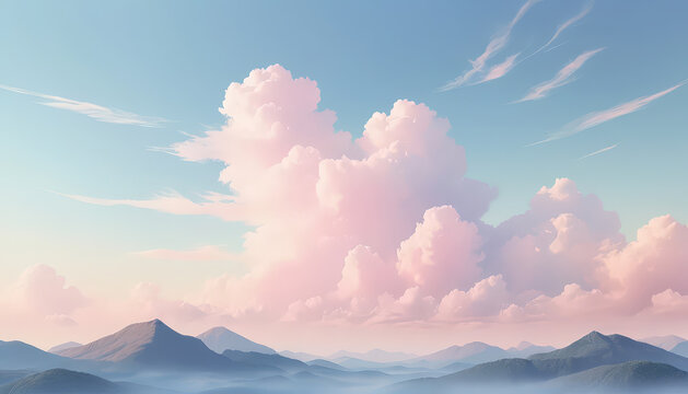 serene landscape featuring soft, fluffy clouds in pastel sky above rolling mountains. tranquil scene evokes sense of peace and calm, perfect for nature lovers