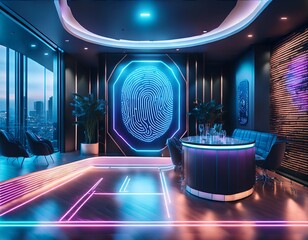 a futuristic digital membership system where a holographic handprint scan grants access to a high tech neon lit vip lounge