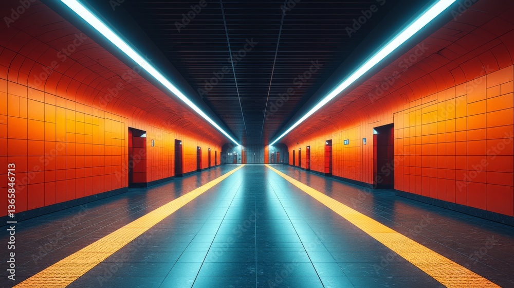 Poster Modern transit station features bright orange walls and illumination, creating an engaging atmosphere for commuters navigating the urban subway system during peak hours.