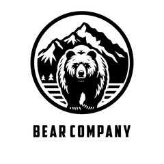 Bear illustration walking in front of mountain, black and white logo design