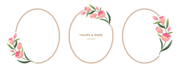 Minimalist tulips and rope frame. Elegant floral oval borders template set for wedding, cards, invitations, prints and more.