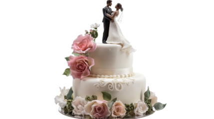 Delicious two tiered wedding cake with couple figurine and floral decorations on transparent background