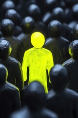 Fototapeta premium Bright yellow figure stands out among dark silhouettes in a dark setting, symbolizing individuality and uniqueness in a crowded environment