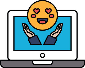 A laptop screen with a smiling face and two hands reaching out
