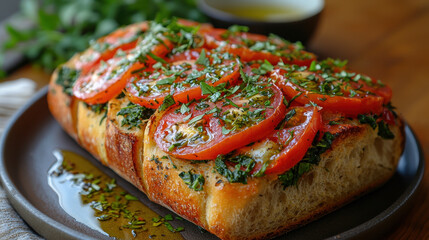 Vegetable-packed sourdough loaf with tomatoes and spinach served on a rustic plate