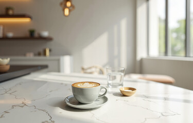Obraz premium A modern coffee bar scene with a clean white table and delicious cappuchino, poster for little beautiful moments
