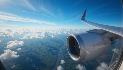 Fototapeta premium Aerial view of jet engine and wing above fluffy clouds and green landscapes, showcasing beauty of flight and vastness of sky. scene evokes sense of adventure and freedom