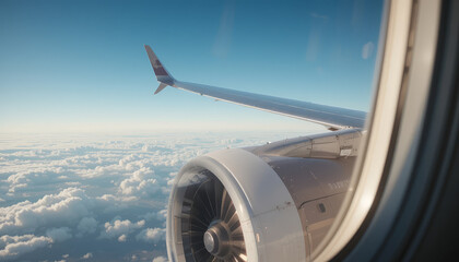 Aerial view of airplane wing above fluffy clouds, showcasing engine and clear blue sky. scene evokes sense of adventure and freedom while traveling
