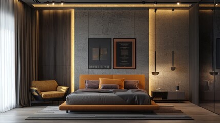Urban bedroom with colorful abstract artwork, framed posters, modern furniture, and stylish lighting. --chaos 20 --ar 16:9 --quality 2 --v 6.1 Job ID: 24e69234-6f13-4ce2-a775-96910116fd3a