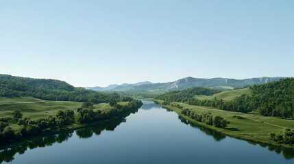Serene River Valley Landscape With Lush Green Forests