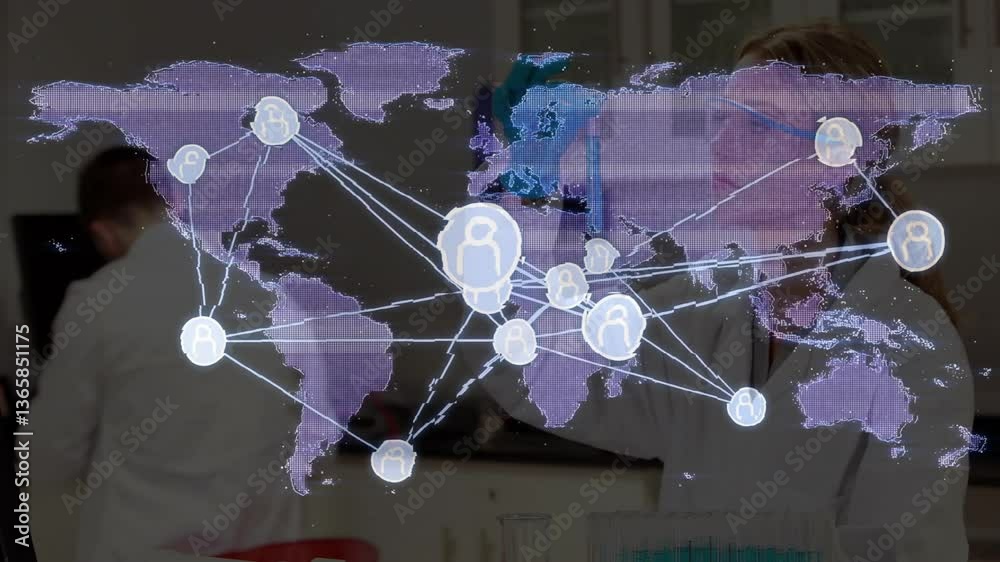 Poster network of connections and data processing animation over scientists in laboratory