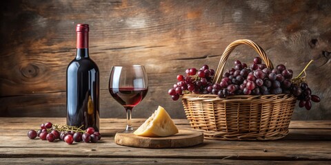 Rustic still life featuring a bottle of red wine, a glass of red wine, a wedge of cheese, and a wicker basket filled with red grapes on a wooden table.