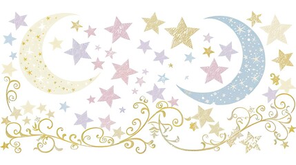 Cute moon and stars doodle clipart, white background