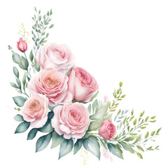 Soft pink roses in a delicate watercolor painting, ideal for romantic and wedding stationery. Watercolor floral frame featuring soft pink roses and greenery, great for vintage-style cards.