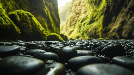 Fototapeta premium Mossy canyon, Iceland; dark stones, sunlight. Travel brochure