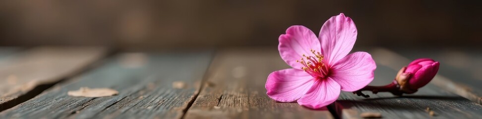 Fototapeta premium Delicate pink blossom, solitary on wood table, background, plant, texture