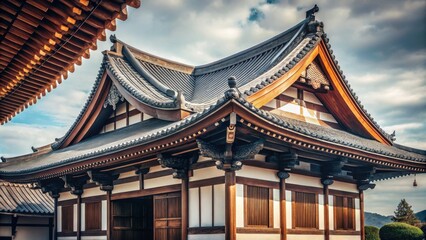 Obraz premium Intricate Wooden Architecture of a Traditional Building with a Gently Sloping Roof and Decorative Brackets
