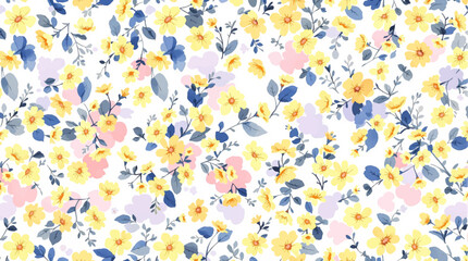 Watercolor floral seamless pattern with hand-painted blush pink flowers and green leaves on white background. Botanical print.