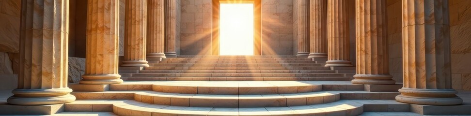 Grand marble staircase ascends to ancient Greek temple entrance , sunlight, heritage