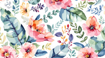 Watercolor floral seamless pattern with hand-painted blush pink flowers and green leaves on white background. Botanical print.