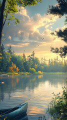 Obraz premium Serene Sunset at the Lakeside: A Peaceful Fishing Scene