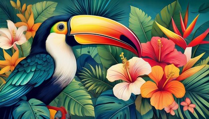 Fototapeta premium tropical paradise banners exotic birds flowers and lush foliage create vibrant botanical art perfect for summer invitations wallpapers or nature inspired designs toucan hibiscus palm leaves monstera