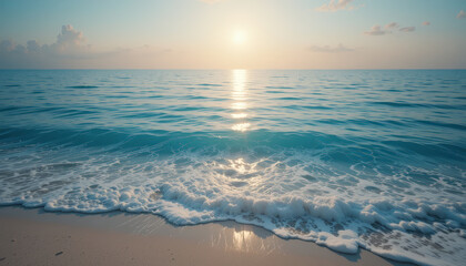 serene ocean view at sunset, showcasing gentle waves lapping against sandy shore, with sun casting warm glow over tranquil water. scene evokes sense of peace and relaxation