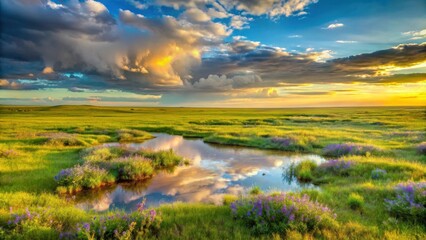 Serene Sunset Over a Tranquil Meadow Landscape with Reflecting Water