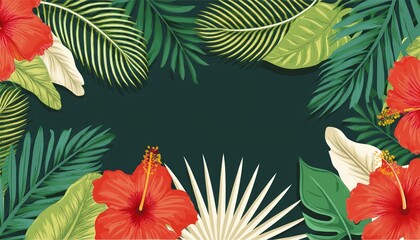 Obraz premium tropical frame with hibiscus flowers and palm leaves exotic floral border design jungle foliage background summer nature decoration hawaii luau party invitation template botanical illustration