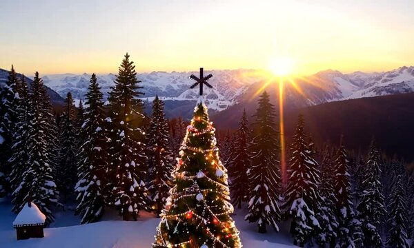 Splendid Christmas scene in the mountain forest. Colorful winter sunrise