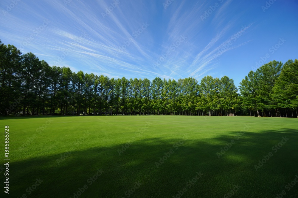 Poster a lush green field with a line of trees in the background and a clear blue sky above. the sunlight c